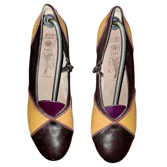 FLY London Colorblock RETRO Pinup Leather Wedge Heel Slip-On Pumps Womens Sz 38 - Picture 1 of 7